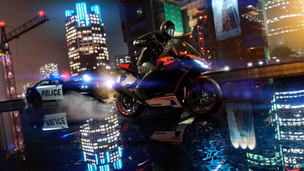 Người chơi đi xe mô tô Nagazaki chạy trốn cảnh sát trong thành phố Los Santos vào ban đêm