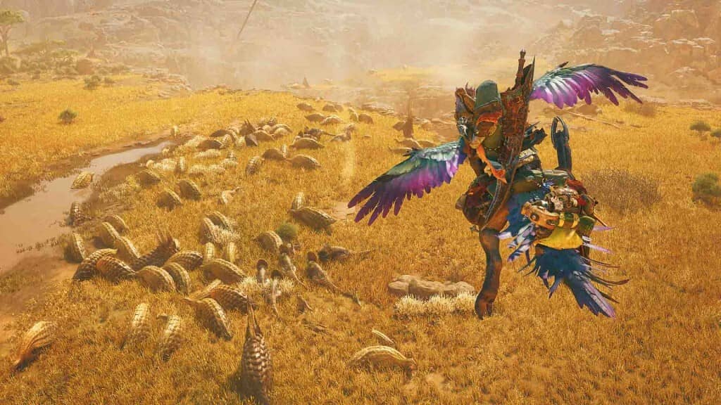 Monster Hunter Wilds PC khám phá thế giới mở cưỡi chim bay qua đồng cỏ