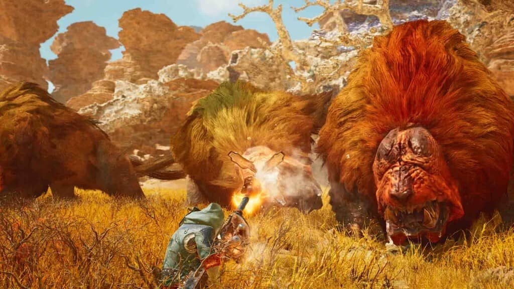 Monster Hunter Wilds PC gameplay chiến đấu với quái vật khổng lồ trên thảo nguyên