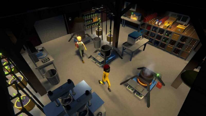 Hai nhân vật đang chế tạo thuốc trong phòng lab bí mật của game Schedule I.