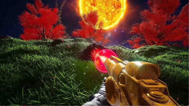Hình ảnh game Star Crafter: Góc nhìn thứ nhất, nhân vật bắn tia laser hồng về phía đối thủ.