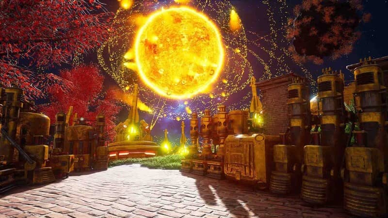 Game Star Crafter: Cảnh quan một khu vực công nghiệp với các công trình màu vàng, ánh sáng rực rỡ.
