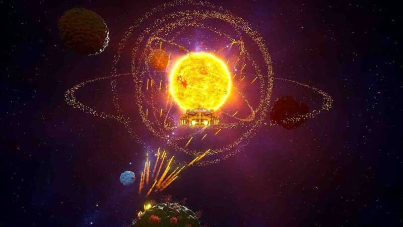  Gameplay Star Crafter: Cảnh quan không gian với các hành tinh và mặt trời đang phát sáng rực rỡ.