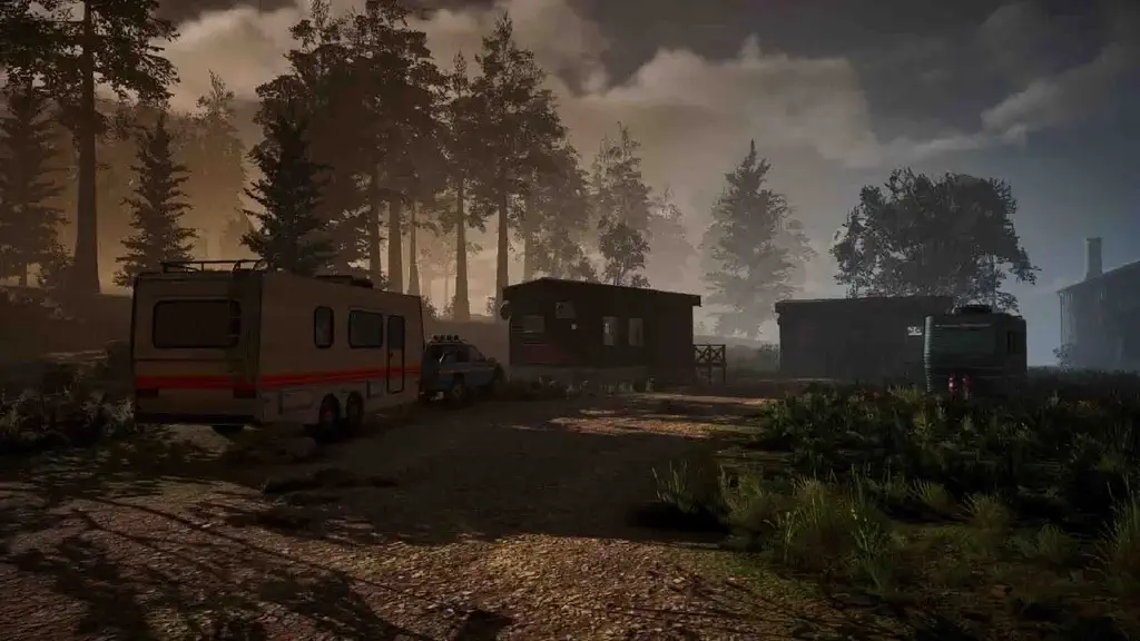 Khung cảnh khu cắm trại và xe trailer trong Streamer Life Simulator 2