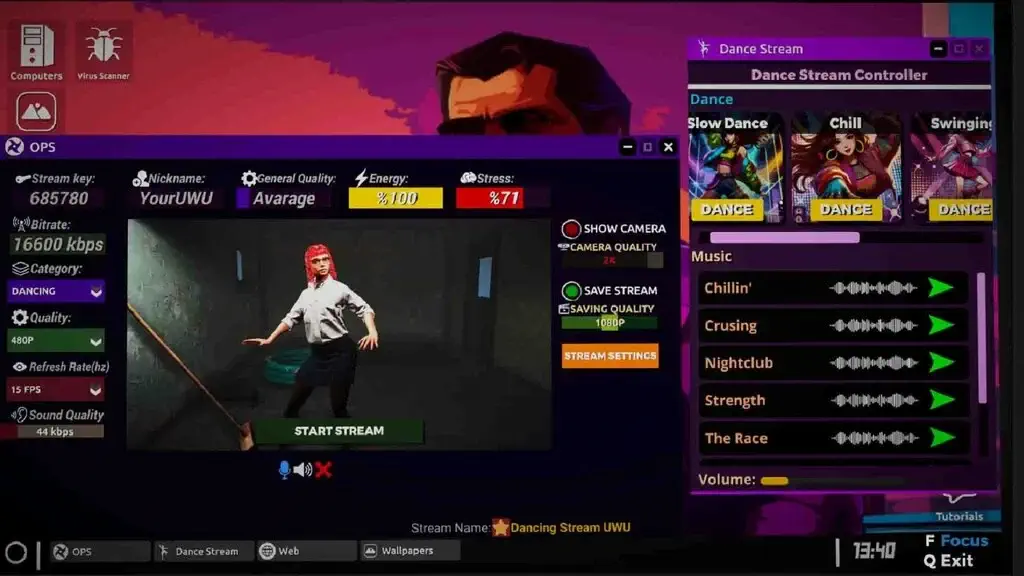 Giao diện điều khiển livestream Dance Stream trong Streamer Life Simulator 2