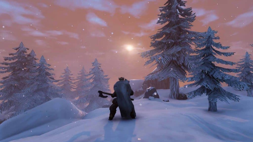 nhân vật game valheim đứng trên đồi tuyết, cầm rìu và mặc áo choàng sói