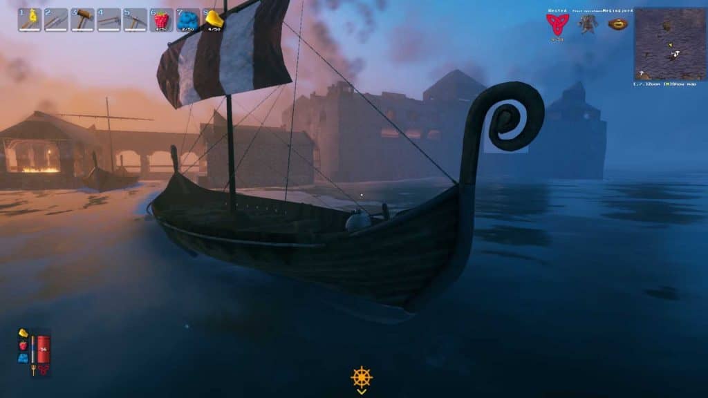 valheim thuyền viking di chuyển trên biển lúc hoàng hôn, lâu đài phía xa