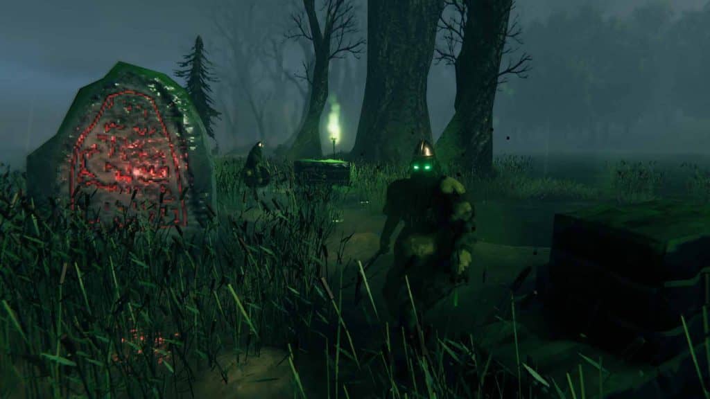 quái vật game valheim đứng gần mộ đá và lăng mộ tối tăm, có mắt xanh