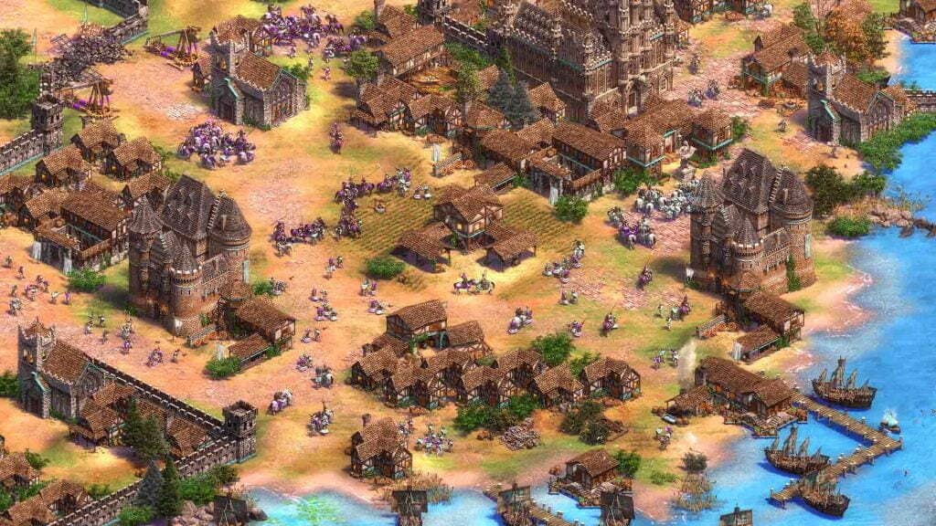 Game Age of Empires 2 Definitive Edition cảnh bờ biển cảng tàu thuyền và khu vực chiến đấu