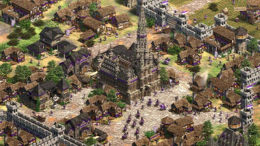 Age of Empires 2 Definitive Edition ảnh gameplay khu trung tâm lâu đài nhà thờ Gothic
