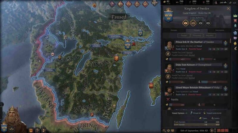 Crusader Kings III: Bản đồ Thụy Điển với giao diện hiển thị các chư hầu, bao gồm Prince Erik và Duke Sven.
