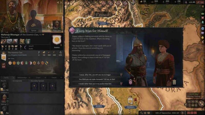 Crusader Kings III: Giao diện sự kiện với lựa chọn đối phó với việc bắt giữ King Harald.