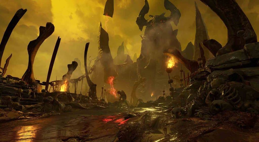 "Hành trình tiêu diệt quái vật trong Doom 2016 – Gameplay hấp dẫn" "Doom Slayer tiêu diệt quái vật trong môi trường tối tăm và đáng sợ"