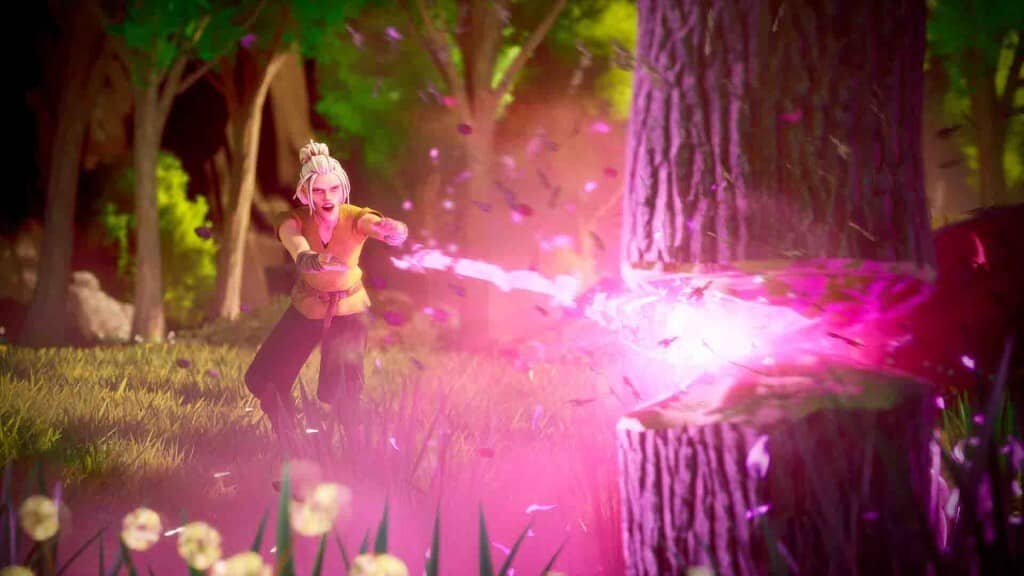 Thi triển chiêu thức thu thập tài nguyên trong RuneScape Dragonwilds. Nhân vật trong RuneScape Dragonwilds thi triển chiêu thức đặc biệt vào thân cây, thể hiện khả năng sử dụng phép thuật hoặc kỹ năng trong việc thu thập tài nguyên.