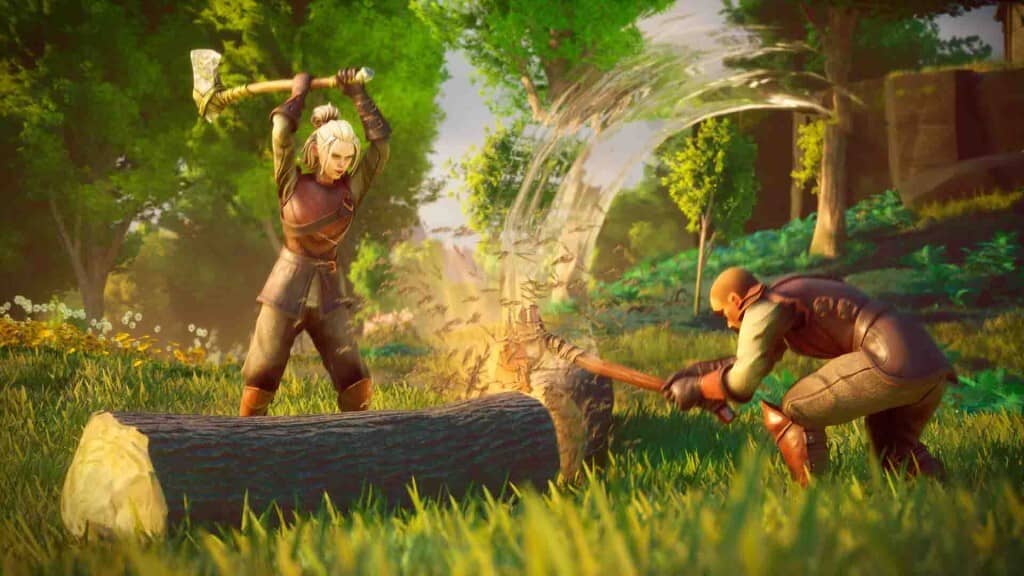 Kỹ năng chặt gỗ và thu thập tài nguyên trong RuneScape Dragonwilds. Nhân vật trong RuneScape Dragonwilds thực hiện kỹ năng chặt gỗ, thu thập tài nguyên trong thế giới game.