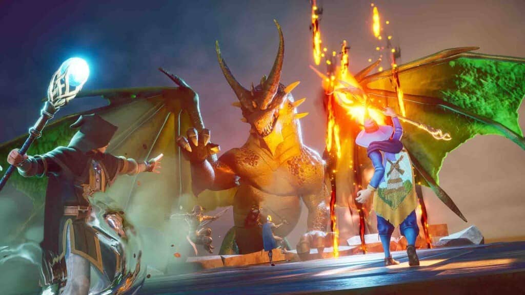 Phối hợp nhóm chinh phục rồng trong RuneScape Dragonwilds. Người chơi cùng đồng đội phối hợp chiến đấu chống lại một con rồng hùng mạnh trong RuneScape Dragonwilds Eye on Ashenfall, thể hiện chiến thuật PvE.