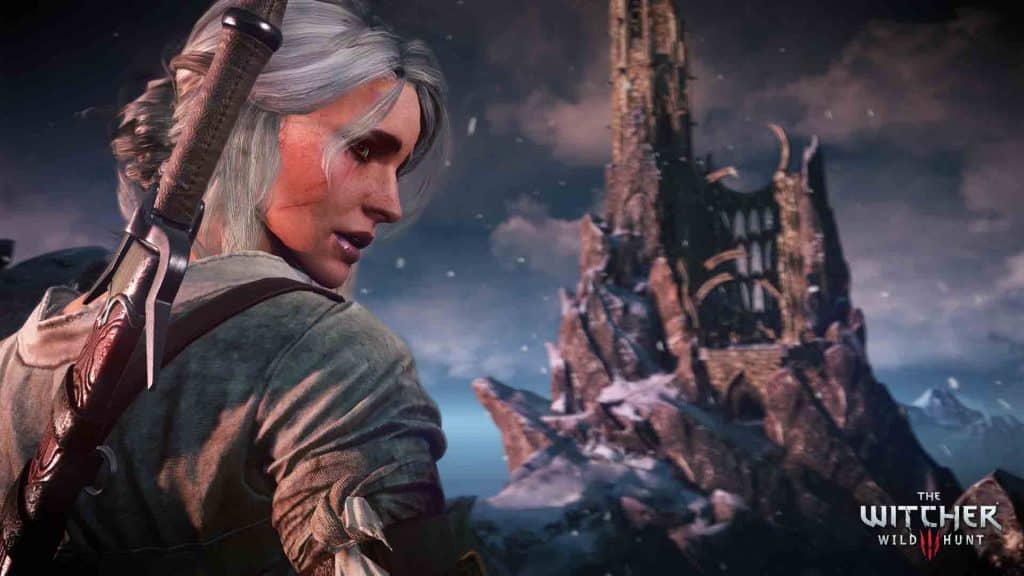 Ciri, một trong những nhân vật quan trọng của The Witcher 3 Wild Hunt, với ánh mắt kiên định nhìn về phía trước, phía sau là một pháo đài cổ kính, gợi lên không khí bí ẩn và những thử thách đang chờ đợi.