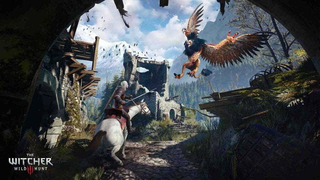  Geralt of Rivia cưỡi Roach chiến đấu với một Griffin khổng lồ trên vùng đất hoang sơ với núi non hùng vĩ phía xa, thể hiện những trận chiến đầy thử thách và thế giới rộng lớn của The Witcher 3.