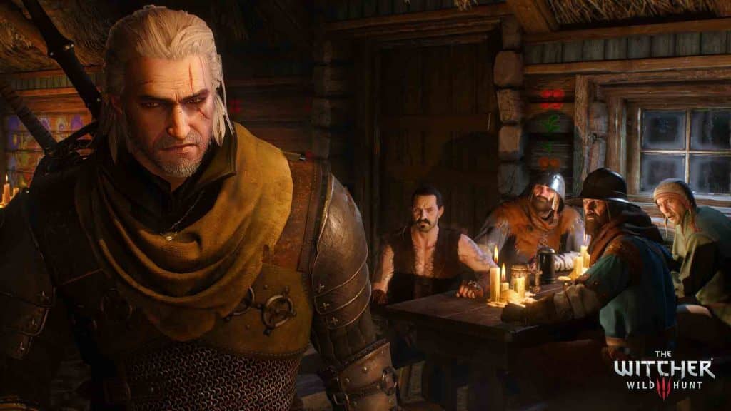 Geralt ngồi trong một quán rượu ấm cúng cùng những người bạn, không khí thân mật và câu chuyện được chia sẻ, một khoảnh khắc thư giãn hiếm hoi giữa những cuộc phiêu lưu đầy nguy hiểm trong The Witcher 3.