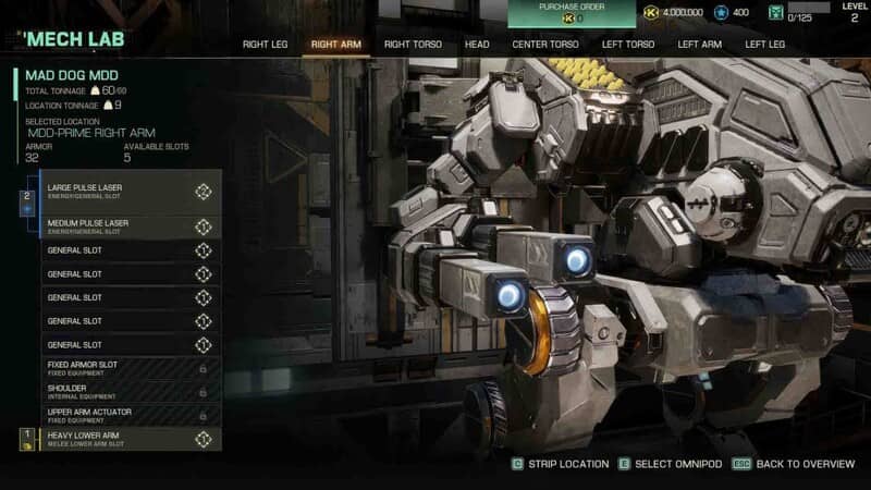 Tùy chỉnh robot Mad Dog trong MechWarrior 5: Clans. MechWarrior 5 Clans, giao diện Mech Lab tùy chỉnh vũ khí và giáp cho robot chiến đấu, với tên Mech là "Mad Dog".