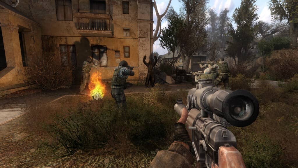 "S.T.A.L.K.E.R. Clear Sky Enhanced Edition – Hệ thống chiến đấu và AI nâng cao." "Cảnh chiến đấu trong S.T.A.L.K.E.R. Clear Sky Enhanced Edition – Hệ thống AI thông minh và hiệu ứng hình ảnh đẹp mắt."