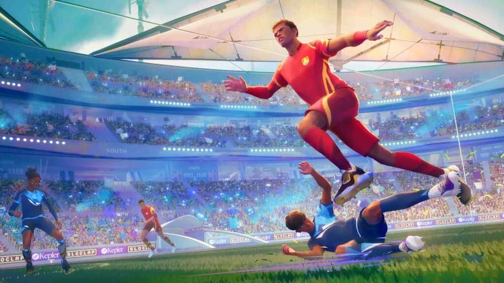 Gameplay REMATCH: Kỹ năng cá nhân trong từng pha bóng. Cảnh một cầu thủ REMATCH đang rê bóng tốc độ cao trên sân đấu, chuẩn bị ghi bàn.