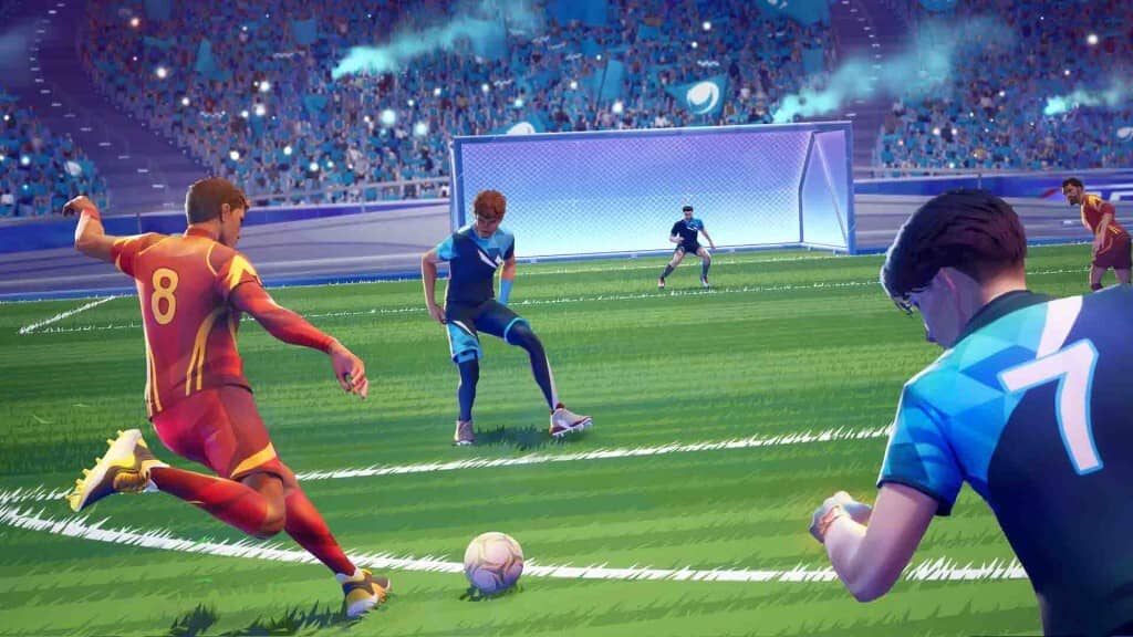 Một pha cản phá bóng ngoạn mục của thủ môn trong REMATCH, giữ vững khung thành. Sự phối hợp đồng đội và chiến thuật sân cỏ.