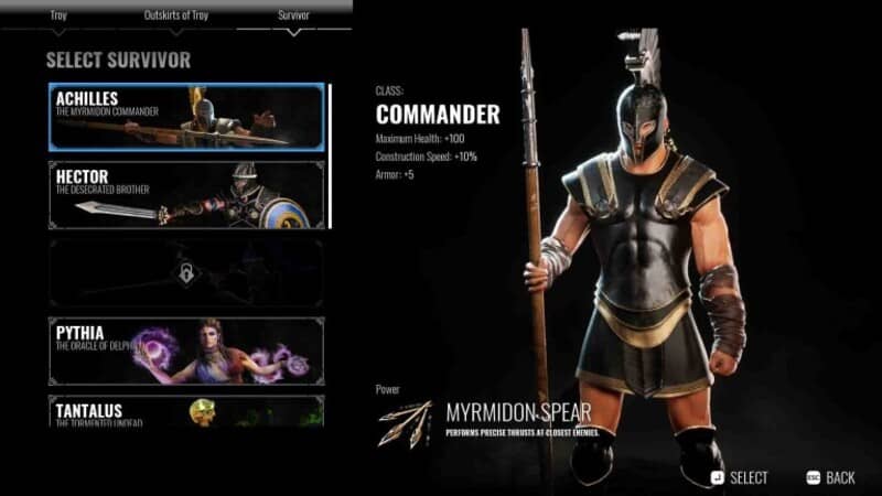  "Achilles Survivor: Giao diện chọn nhân vật, giới thiệu Achilles, Hector và Pythia với các lớp Commander"