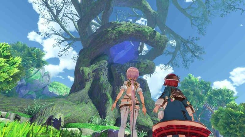 Phiêu lưu khám phá những cảnh quan hùng vĩ và bí ẩn trong thế giới giấc mơ Erde Wiege của Atelier Sophie 2. Atelier Sophie 2 The Alchemist of the Mysterious Dream cảnh ba nhân vật khám phá cây cổ thụ khổng lồ trong thế giới Erde Wiege