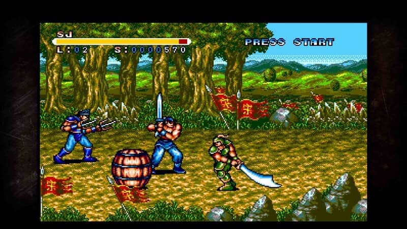 "Trải nghiệm hành động đa dạng với vũ khí trong Beat Em Up Collection QUByte Classics" "Beat Em Up Collection QUByte Classics: Gameplay nhân vật sử dụng kiếm và súng trong môi trường rừng"