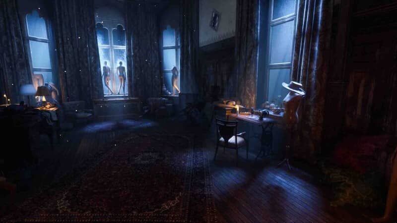 Death Relives gameplay: Căn phòng bị bỏ hoang với hiệu ứng ánh sáng động và các bóng hình ám ảnh qua cửa sổ, minh họa yếu tố tâm lý kinh dị.