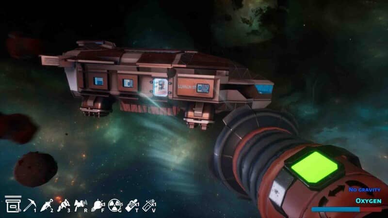 Hình Ảnh Gameplay Khám Phá Không Gian Trong Digger Galactic Treasures Góc nhìn gameplay thực tế trong Digger Galactic Treasures khi người chơi đang ở ngoài không gian, hướng máy khoan về phía tàu mẹ với giao diện HUD hiển thị các chỉ số quan trọng.