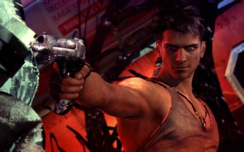 Vẻ ngầu lãng tử của Dante trong DmC Devil May Cry. Cận cảnh khuôn mặt Dante với khẩu súng Ebony hoặc Ivory trên tay trong DmC.