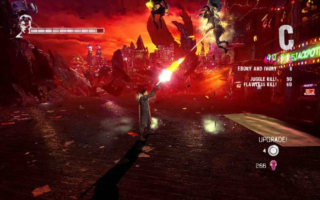 Khoảnh khắc giao tranh nghẹt thở trong DmC Devil May Cry. Dante đang chiến đấu ác liệt với súng trong khung cảnh địa ngục Limbo của DmC Devil May Cry.