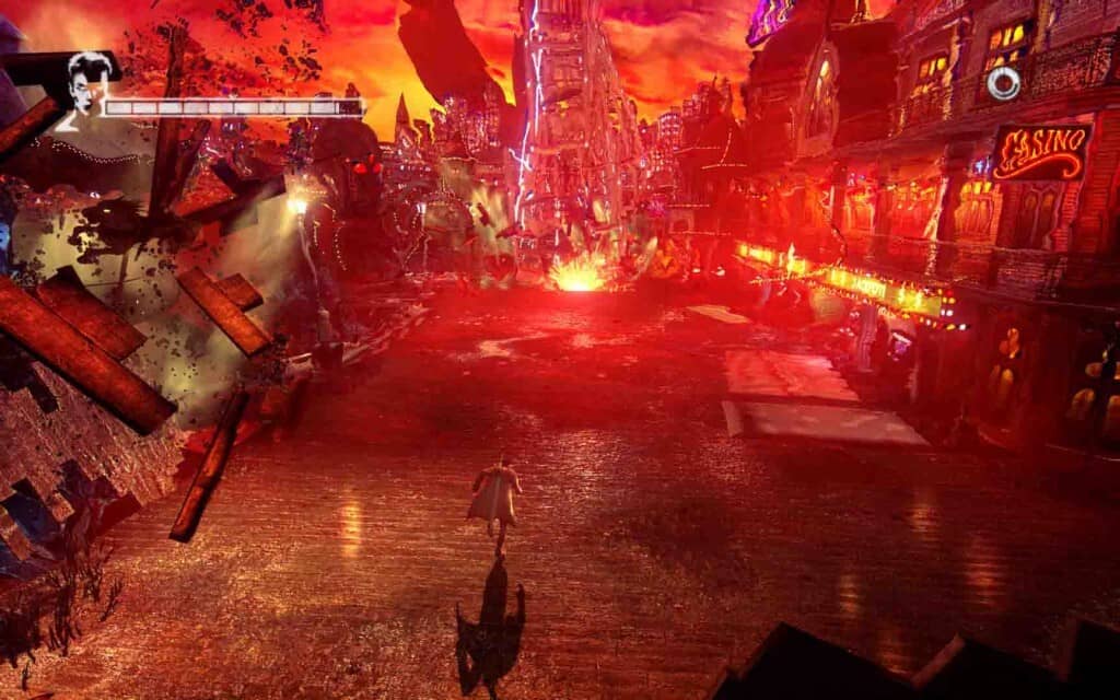 Khám phá thế giới Limbo đầy nguy hiểm trong DmC Devil May Cry. Dante chạy trốn trong thành phố Limbo đang bị tàn phá với gam màu đỏ rực trong DmC.