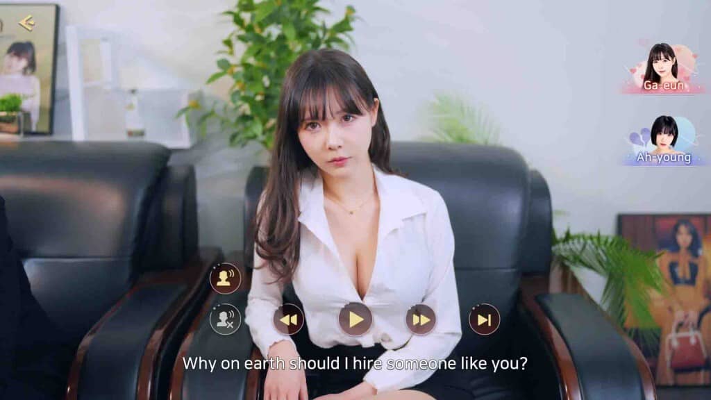 "Gameplay Dont Fool Me Beauties: Đối thoại lựa chọn và phát triển cốt truyện." "Cảnh tương tác cốt truyện trong Dont Fool Me Beauties với nhân vật nữ ngồi ghế sofa và khung hội thoại, thể hiện yếu tố mô phỏng."