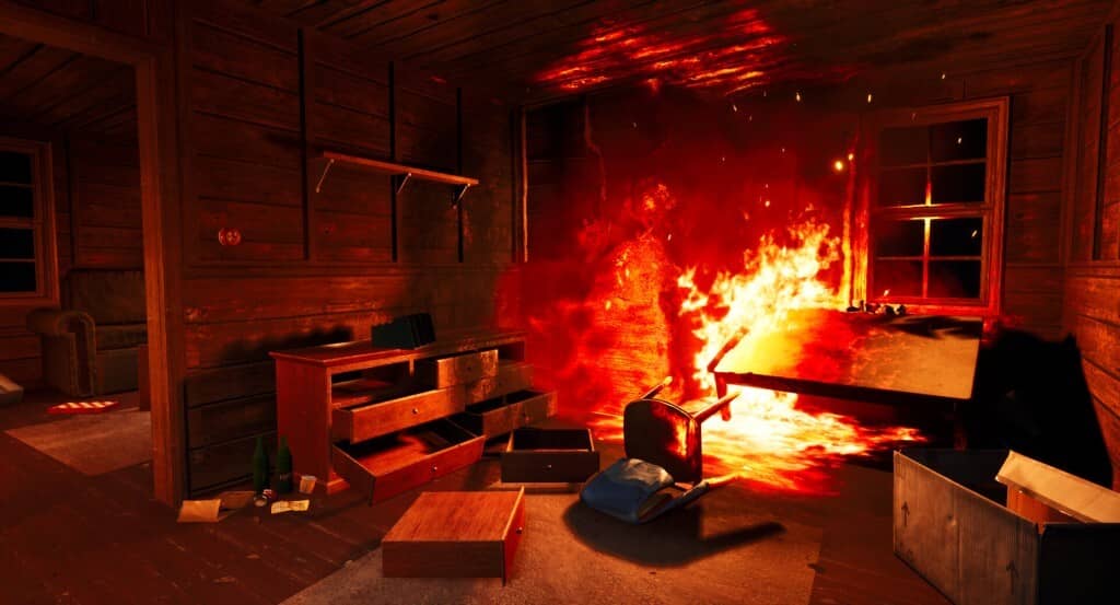 Khoảnh khắc nguy hiểm, cháy nổ trong gameplay Dont Mess With Bober Cảnh căn phòng bốc cháy dữ dội trong Dont Mess With Bober - Lối chơi sinh tồn kịch tính