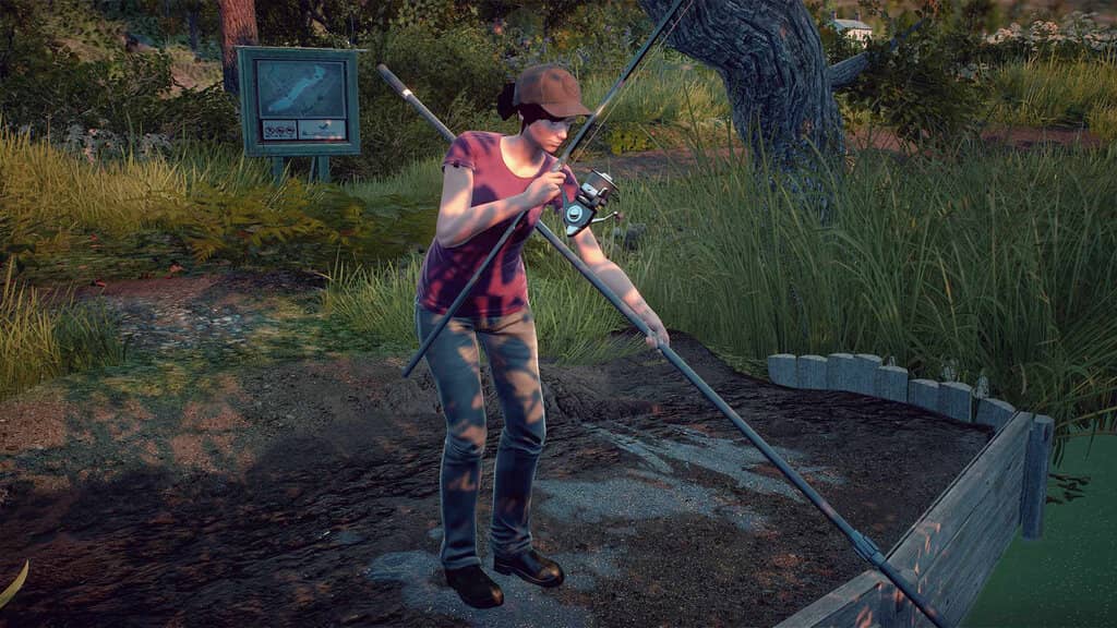  Hình ảnh trong game Euro Fishing: Một nữ ngư thủ đang thực hiện động tác quăng cần câu xuống mặt nước tĩnh lặng