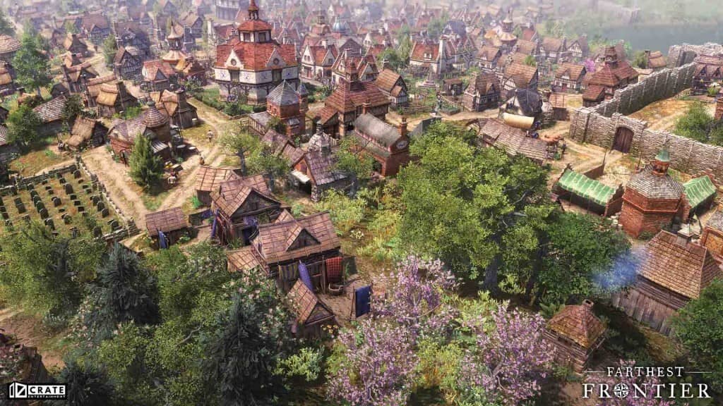 Sự trù phú và vẻ đẹp kiến trúc của một đô thị đang lớn mạnh trong Farthest Frontier. Thị trấn Farthest Frontier phát triển thịnh vượng với những cánh đồng xanh mướt, những ngôi nhà mái ngói đỏ tươi và tường thành bao quanh kiên cố.