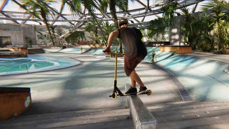 Người chơi ScootX thể hiện kỹ năng điều khiển scooter trên chướng ngại vật Tay đua scooter thực hiện động tác cân bằng trên thanh sắt trong môi trường game ScootX