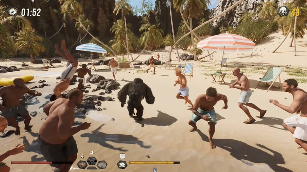  Gorilla Vs 100 Men - Cảnh gorilla giao chiến với nhiều người trên bãi biển đầy nắng