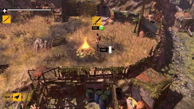 Hình ảnh gameplay How to Survive với khu vực trú ẩn an toàn, có lửa trại, thùng đồ và hàng rào phòng thủ.