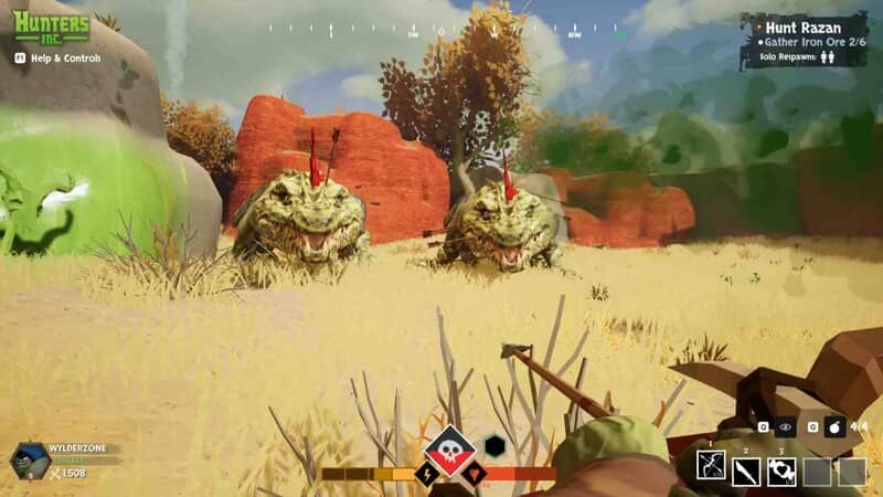 Hunters Inc Gameplay: Trận chiến căng thẳng với quái vật khổng lồ. Hunters Inc - Góc nhìn cận cảnh thợ săn Orc cầm vũ khí đối mặt sinh vật giống khủng long đỏ hung dữ trong môi trường sa mạc.