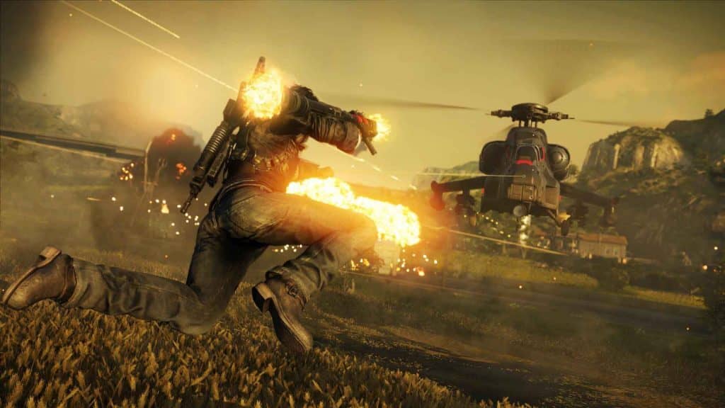 Just Cause 4 PC: Đồ họa đẹp mắt trong các pha đấu súng Just Cause 4: Rico Rodriguez giao chiến dữ dội với trực thăng trong môi trường Solís