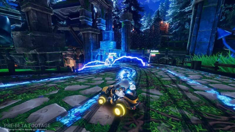 Chiêm ngưỡng hiệu ứng đặc biệt và những màn đua kịch tính trong Karters 2 Turbo Charged, tải game PC miễn phí tại TmhGames! Hình ảnh gameplay ban đêm đầy màu sắc của Karters 2 Turbo Charged trên PC, với hiệu ứng năng lượng xanh trên đường đua và người chơi Adam dẫn đầu.