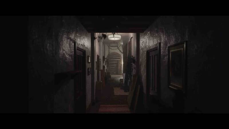 Hành lang u ám trong game kinh dị LUTO: Bức tường loang lổ, ánh sáng yếu ớt từ cuối hành lang, gợi cảm giác cô đơn và nguy hiểm.