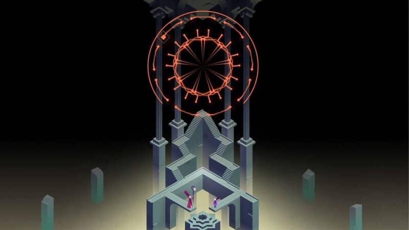 Monument Valley 3: Giải đố không gian độc đáo với hiệu ứng ánh sáng ấn tượng. Khung cảnh gameplay Monument Valley 3: Kiến trúc đa diện với vòng tròn ánh sáng huyền bí trên đỉnh, hai nhân vật nhỏ tương tác trong không gian ảo ảnh.