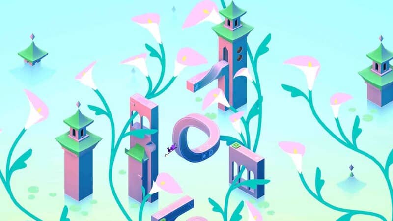 Monument Valley 3: Vẻ đẹp nghệ thuật trong từng màn chơi với sự kết hợp màu sắc tươi sáng và kiến trúc kỳ lạ. Gameplay Monument Valley 3: Màn chơi với kiến trúc hình học độc đáo màu hồng và xanh lá cây, những bông hoa trắng lớn và các công trình theo phong cách phương Đông trên nền xanh nhạt.