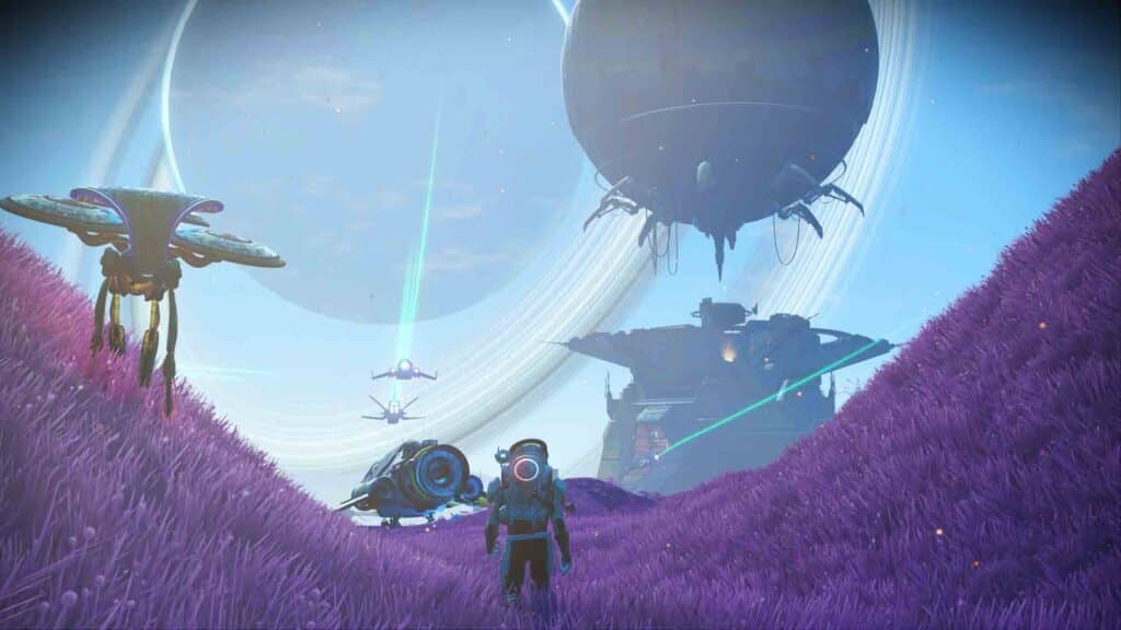Ngắm cảnh quan hùng vĩ trong vũ trụ No Man's Sky. Cảnh quan hành tinh tuyệt đẹp và trạm không gian No Man's Sky.