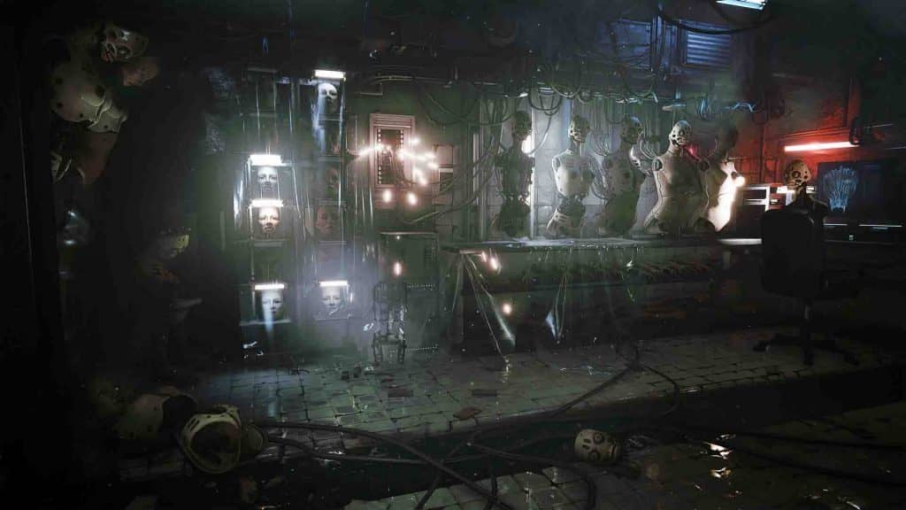 Thế giới cyberpunk u ám và đáng sợ của Observer System Redux. Khung cảnh phòng thí nghiệm rùng rợn với các mô hình đầu người và cơ thể trong Observer System Redux.